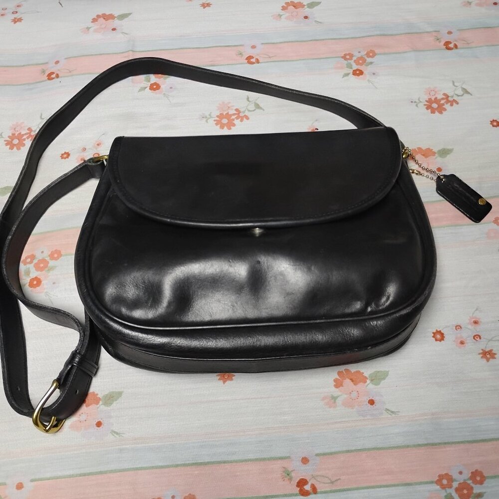 ❤️COACH 901 Black Leather Flap Bag Crossbody Bag Purse +FOB